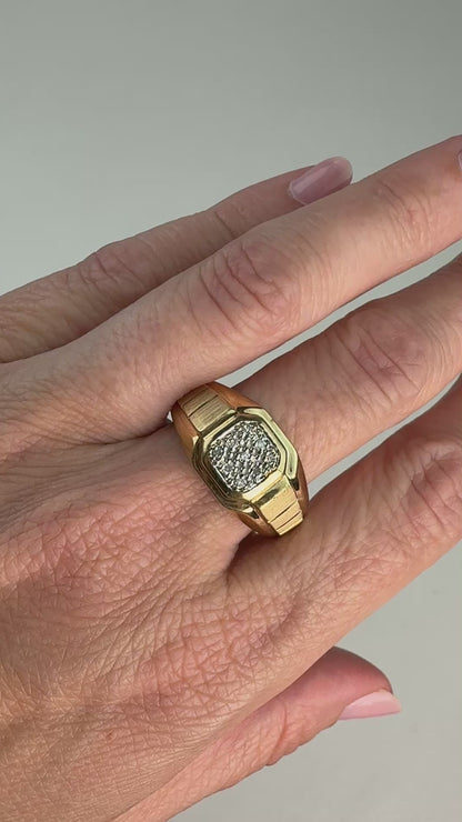 10K Solid Two-Tone Gold Bold Diamond Illusion Signet Ring, Size 11