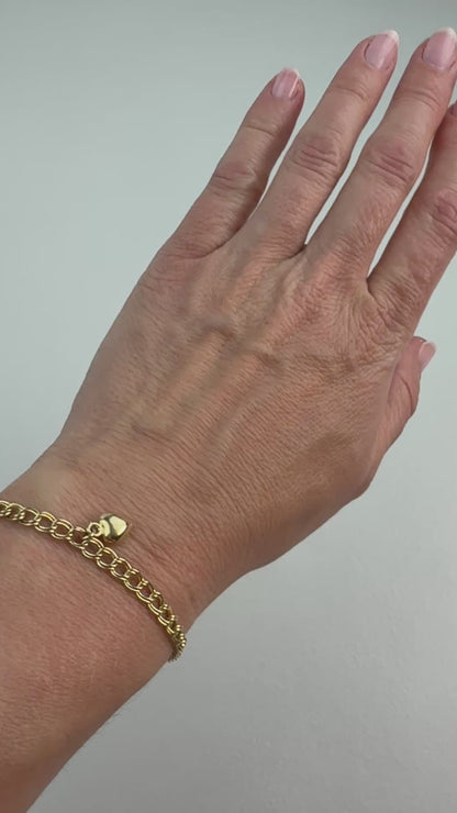 7"  Italian Solid 14K Yellow Gold Double Link Bracelet with Heart Charm, 2.94g