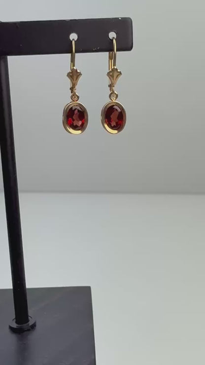 14k Solid Yellow Gold Vintage Garnet Dangle Lever Back Earrings, 1.8 g