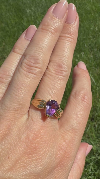 14K Solid Yellow Gold Geometric Amethyst and Gypsy Set Diamond Ring, Size 7.75