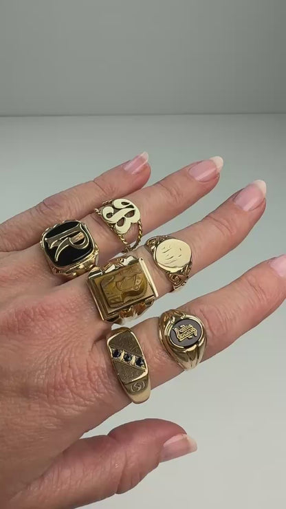 10K Solid Yellow Gold Signet Style with Sapphires Ring Size 10.5