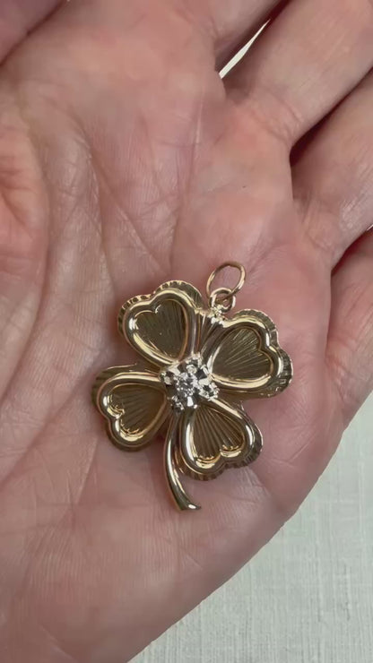 Vintage Solid 10K Engine-turned Four-leaf Clover Pendant with Diamond Pendant, 6.61 grams