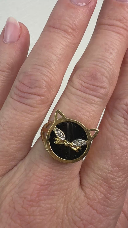 Vintage 10K Solid Yellow Gold and Onyx Cat Ring with Diamond Accent Size 6