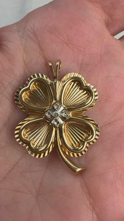 Vintage Solid 10K Vintage Engine-turned Four-leaf Clover Pendant with Diamond, 6.86 grams