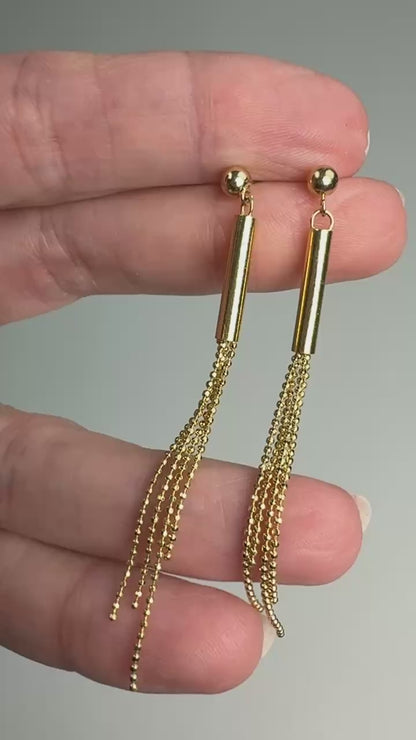 14k Solid Yellow Gold Ball Chain Tassel Dangle Earrings, 2.15 g