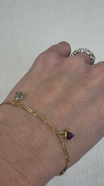 Estate 6.5" Solid 14K Yellow Gold Bracelet with Three Heart Shape Gemstones 2.06 g