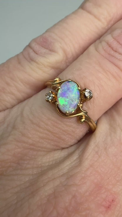 Vintage 1880s Victorian Opal and Diamond 14K Yellow Gold Ring, Size 5.25