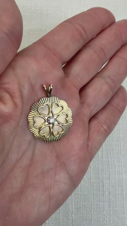 Vintage Solid 14K Yellow Gold Engine-turned Heart Pendant with Diamond, 4.10 g