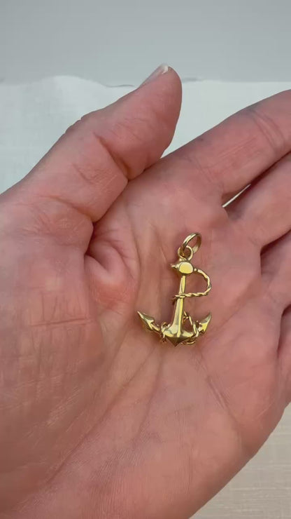 Estate Solid 14K Yellow Gold 3D Two-Sided Anchor with Rope – 2.1g