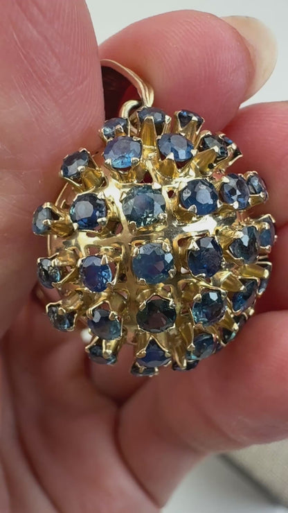 Vintage Solid 14K Yellow Gold Mid-century Dome Sapphire Pendant, 6.46 g