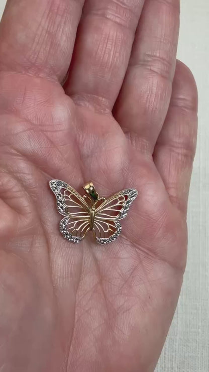 Solid 10K Yellow and White Gold Filigree Butterfly pendant, 1.14 grams