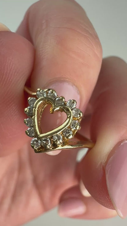 Solid 14K Yellow Gold Diamond Open Heart Ring with Square Shank, Size 5.5
