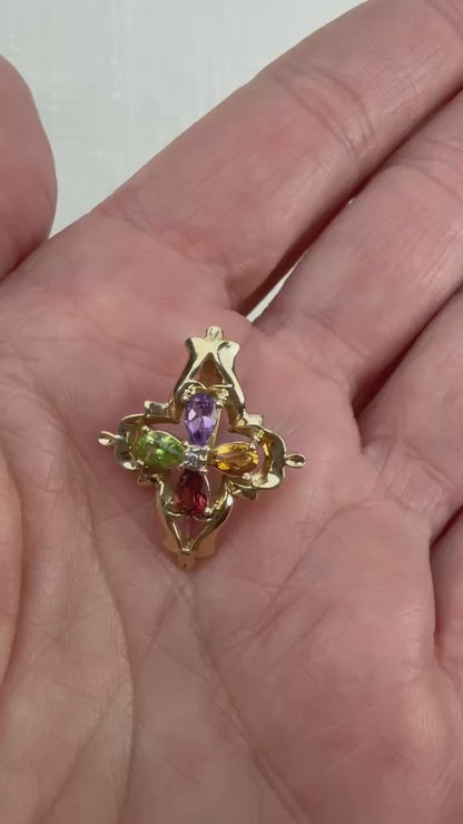 Solid 10K Yellow Gold Multi Gemstone and Diamond Pendant, 2.39 grams