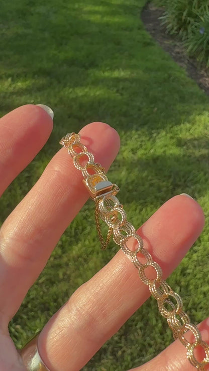 6.5" Vintage Solid 14K Yellow Gold Textured Triple Circle Link Bracelet, 5.58 g