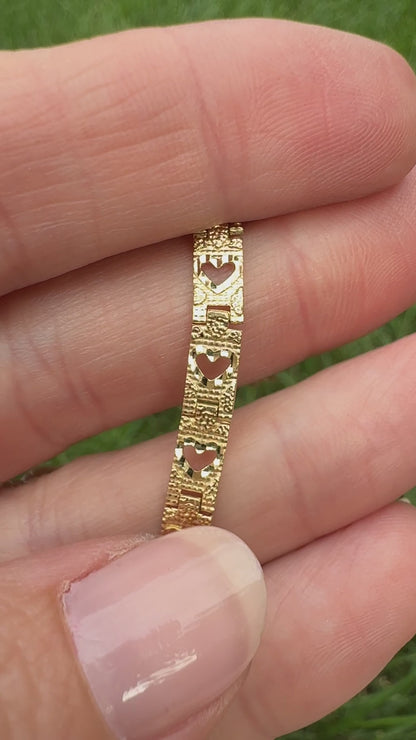6.75" Solid 10K Yellow Gold Open Heart Textured Link Bracelet, 4.86 g