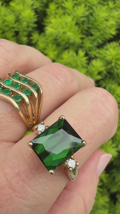 14K Natural Green Tourmaline (10.86 x 8.78) with diamonds Yellow Gold Statement Ring Size 8.25