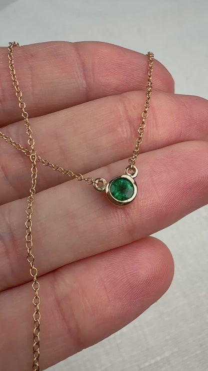 Estate 14K Solid Rose Gold Bezel Set Emerald Necklace, 16"