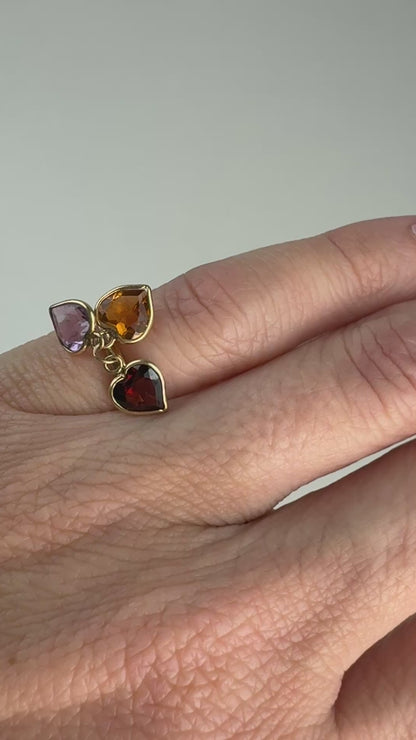 14K Solid Yellow Gold Citrine, Amethyst and Garnet Dangling Heart Ring, Size 3.25