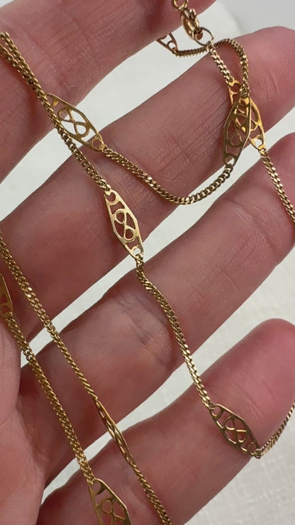 Vintage 22" Italian Solid 14K Yellow Gold Filigree Station Chain