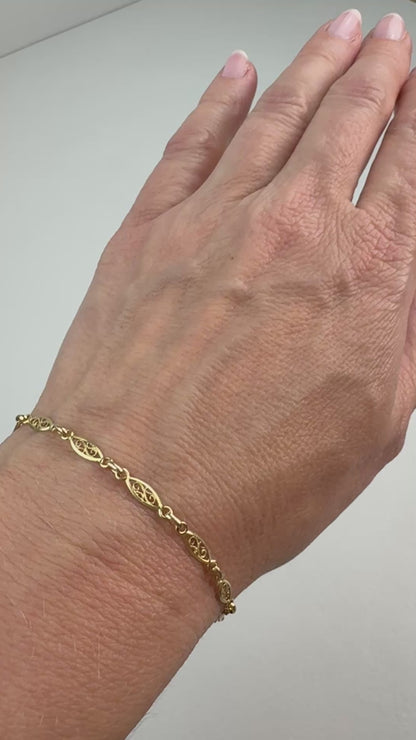 Vintage Solid 14K Yellow Gold Italian Oval Filigree Link Bracelet, 7.25", 3.35 g