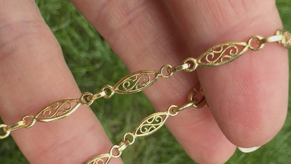 6.75" Vintage Solid 14K Yellow Gold Oval Filigree Link Bracelet, 2.66 g