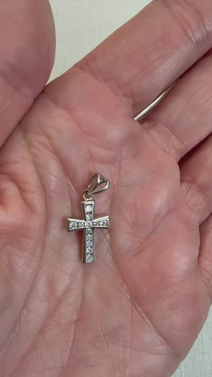 Solid 14K White Gold Diamond Cross, 1.25 grams
