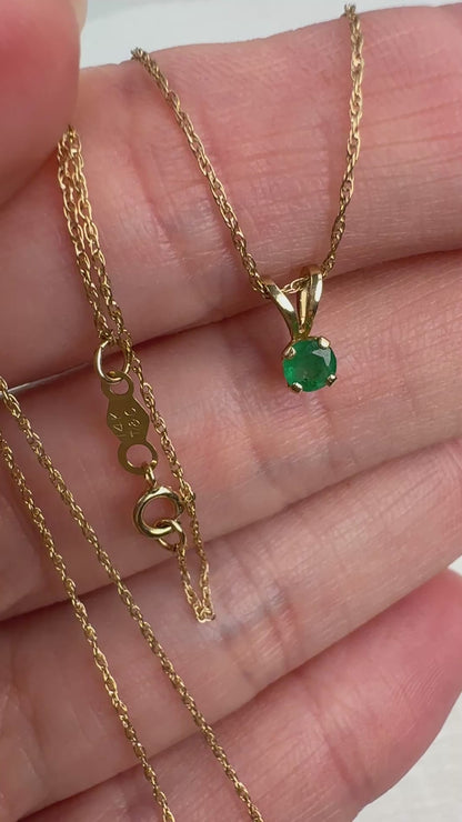 Estate 14K Solid Yellow Gold Round Solitaire Emerald Necklace, 18"