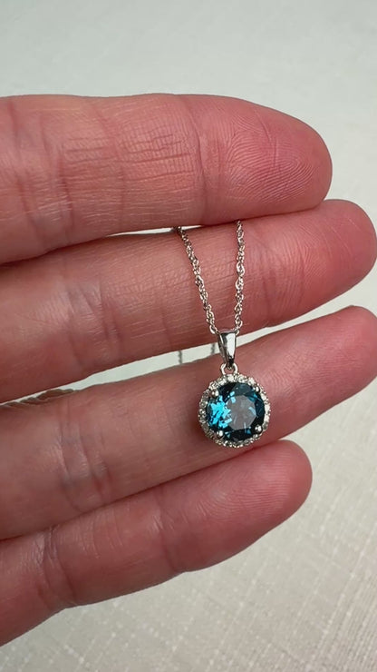 14K Vintage White Gold Halo Set London Blue Topaz and Diamond Pendant