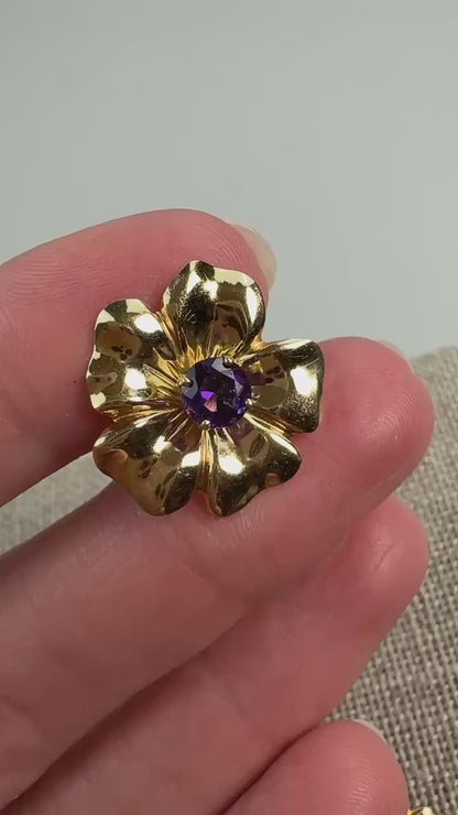 14K Solid Yellow Gold Flower Earring Jackets with Amethyst Stud earrings, 1.75 g