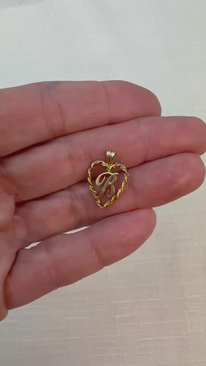 Vintage Solid 14K Yellow Gold Cursive “B” with Rope Heart Outline Pendant,1.08 g