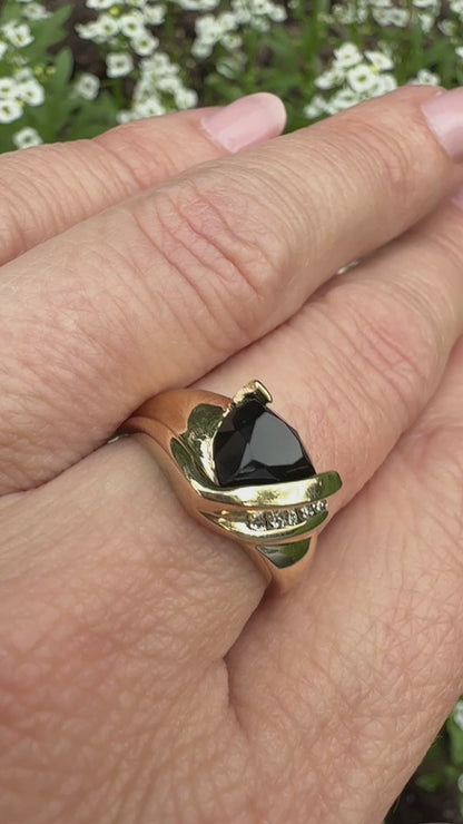 10K Solid Yellow Gold Faceted Black Onyx with 5 Diamond Ring, Size 6
