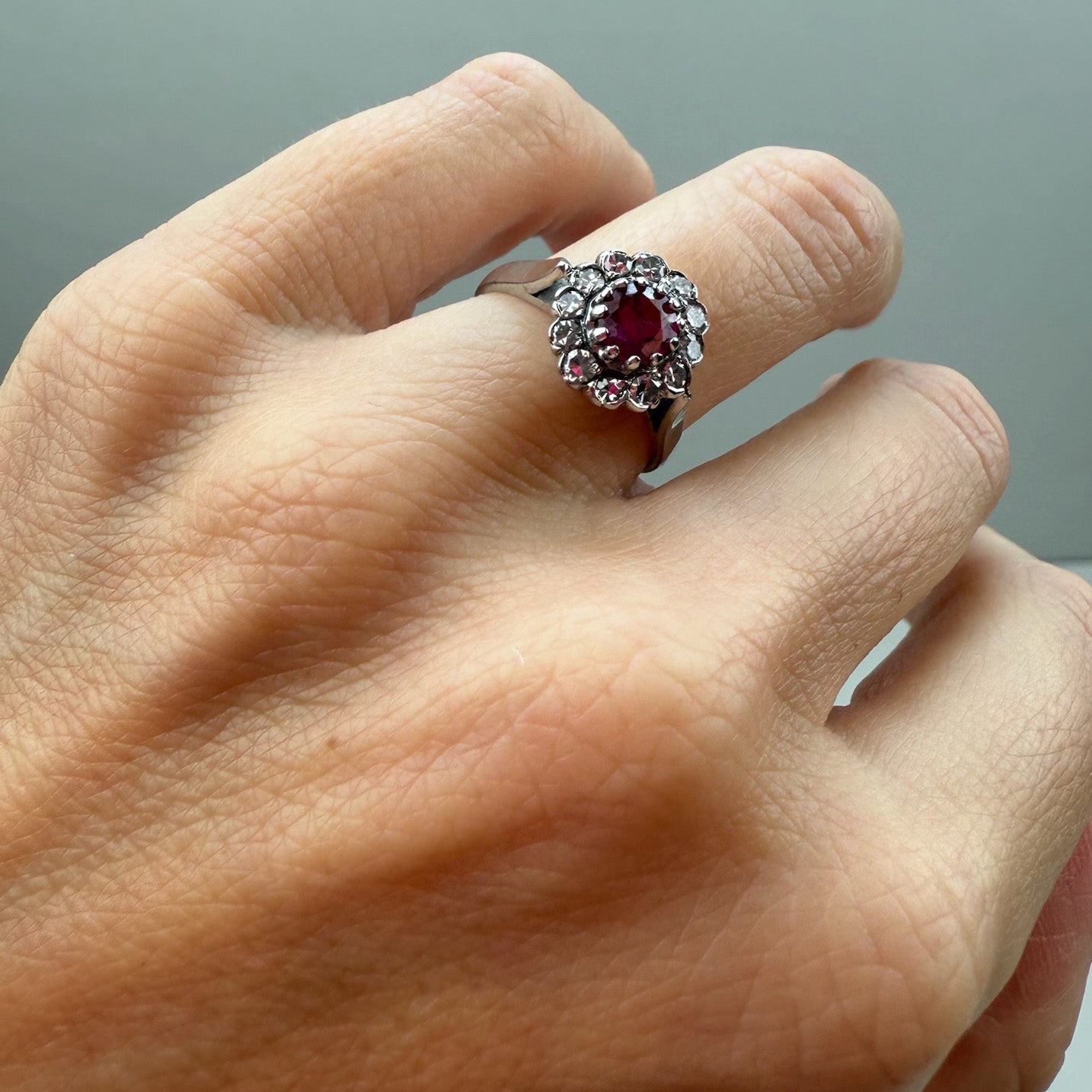 18K White Gold Ruby and Natural Diamond Cluster Ring Size 6