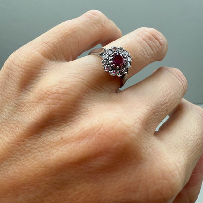 18K White Gold Ruby and Natural Diamond Cluster Ring Size 6