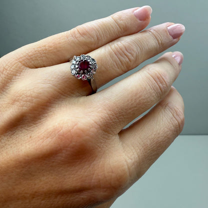 18K White Gold Ruby and Natural Diamond Cluster Ring Size 6